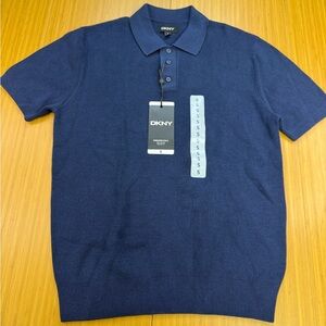 DKNY Men's Short Sleeve Ribbed Knit Placket Collared Sweater Polo Navy Sz Small